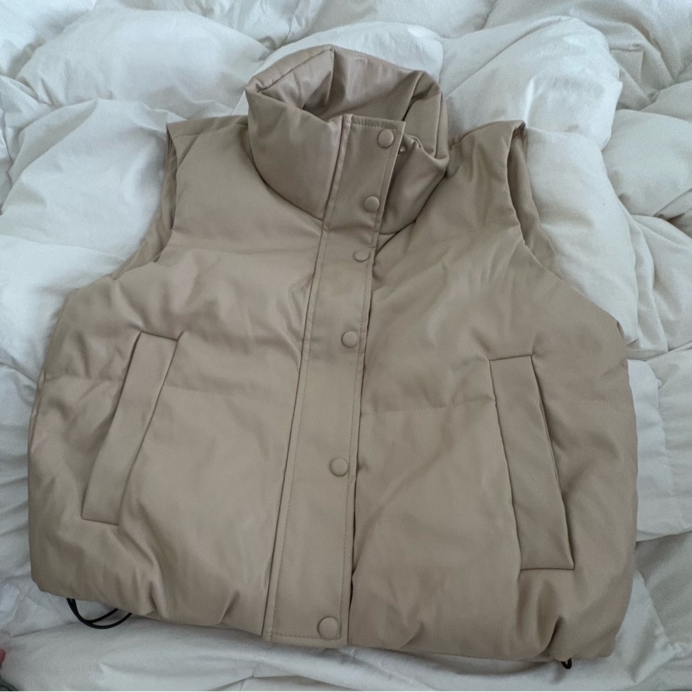 Women's Tan Puffer Vest with adjustable bottom